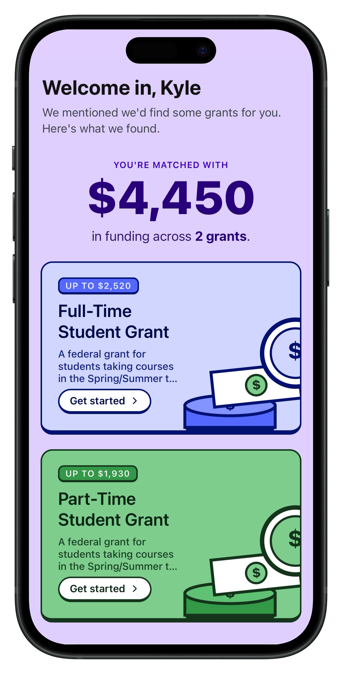 hi finance app showing the grants you qualify for