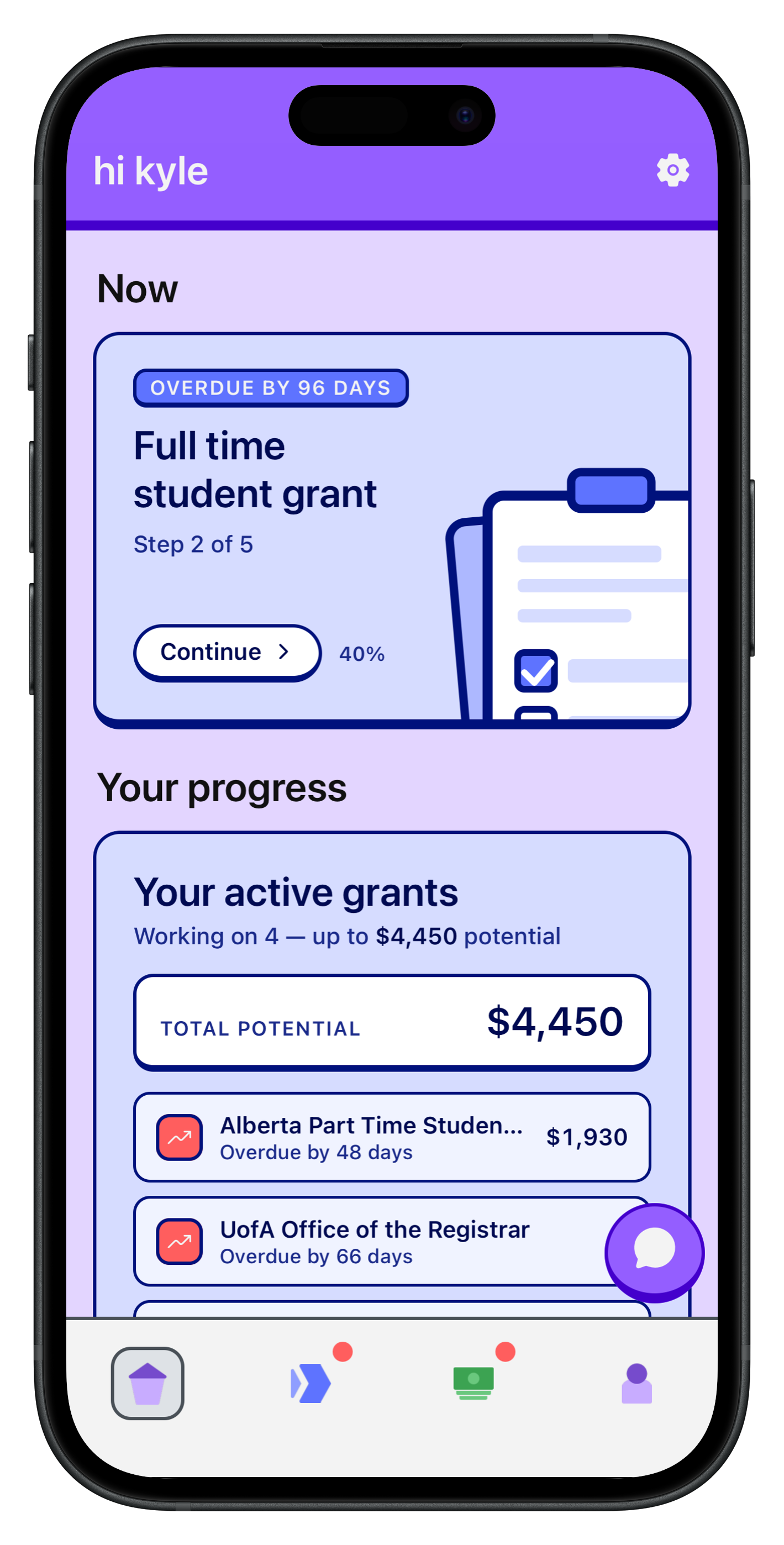 hi finance app showing the grant progress tracker