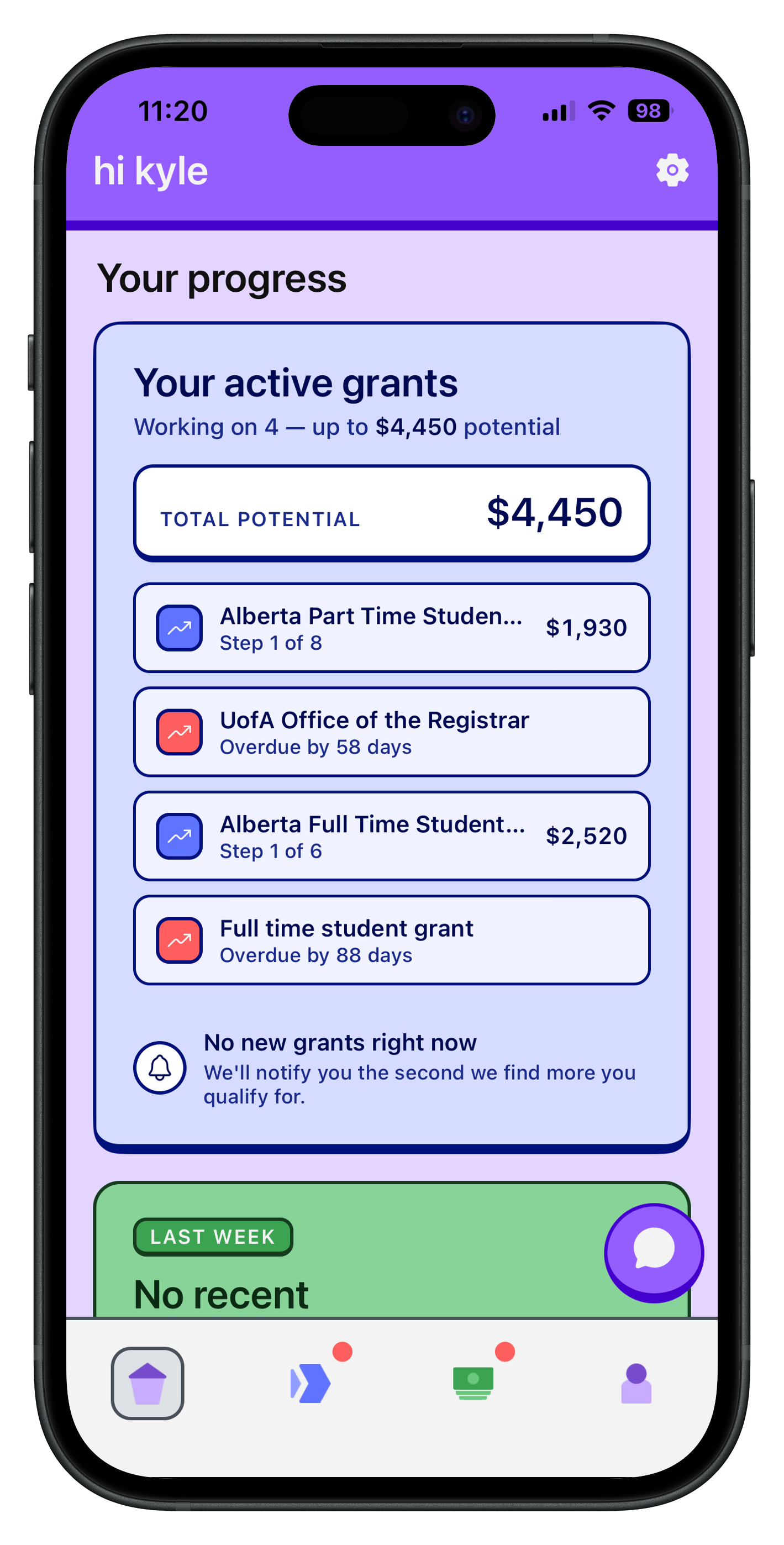 hi finance app showing active grant applications and progress