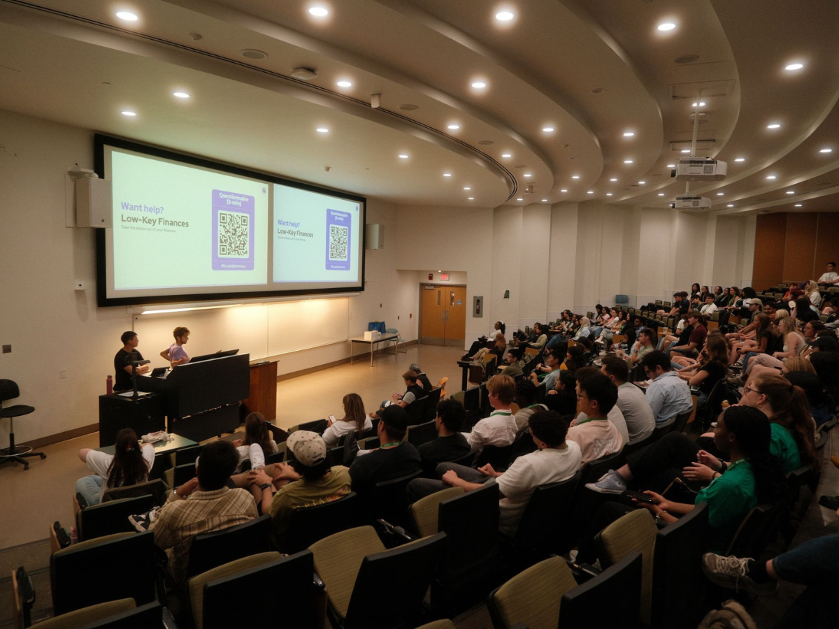 A hi finance team member giving an orientation presentation to students